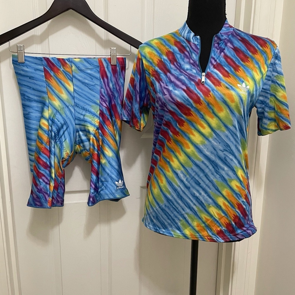 Vintage Adidas Cycling Set M Tie Dye Jersey Padded Bike Shorts Rainbow USA Made